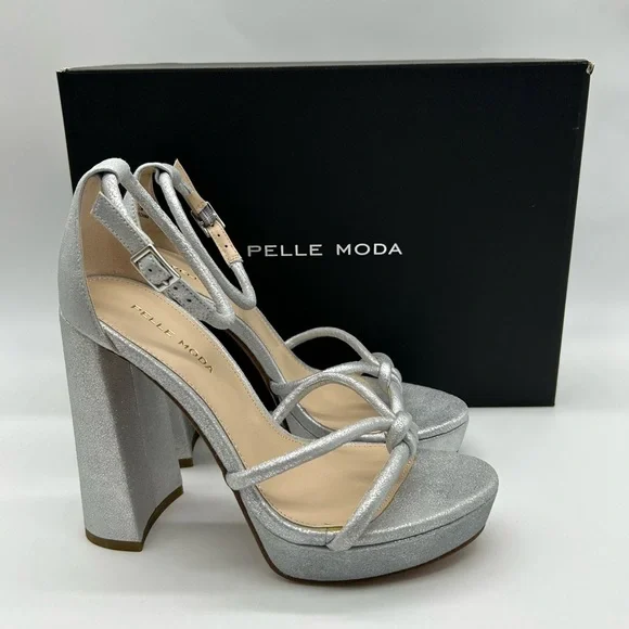 Pelle Moda Silver Metallic Suede Platform Heeled Sandals Size 6.5 New With Box - Picture 13 of 13